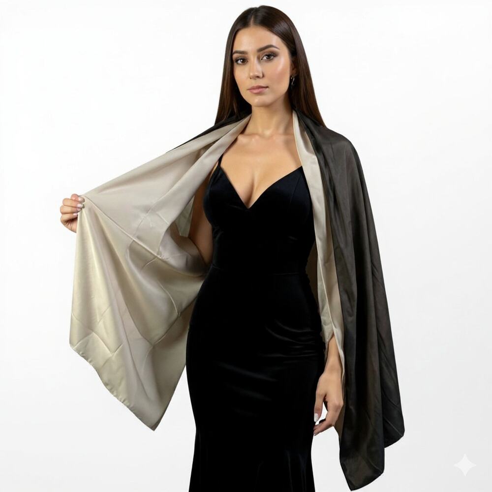 90s PEGGY JENNINGS Vintage Reversible Brown Cream Two Tone Blanket Scarf Shawl